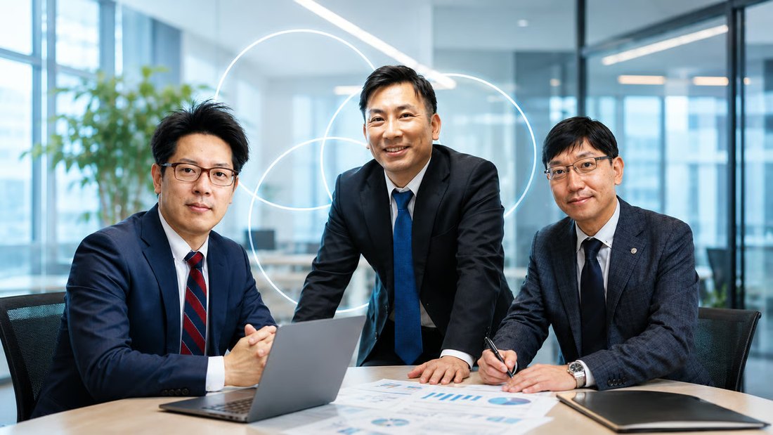 TriAxisのメンバー3名。左から株式会社リーディングノート大浦久司、株式会社BPOパートナー重本真吾、社会保険労務士法人げんき旧居留地事務所加藤哲也